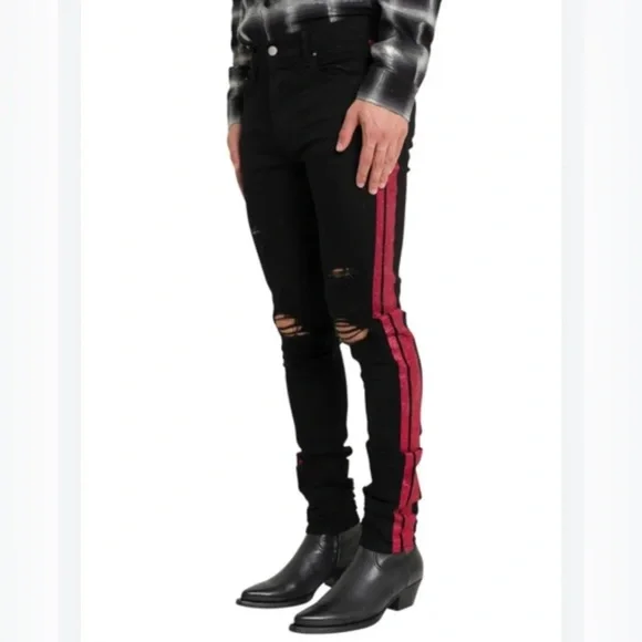 Amiri Jeans 34 Glitter Track Jeans Black With Red Stripe Men's Skinny Distressed - Picture 1 of 14